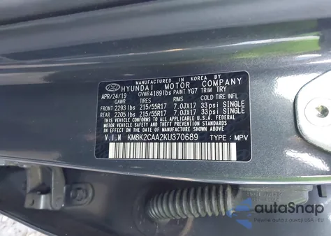 2019 Hyundai Kona Sel z USA, uszkodzony, nr VIN KM8K2CAA2KU370689